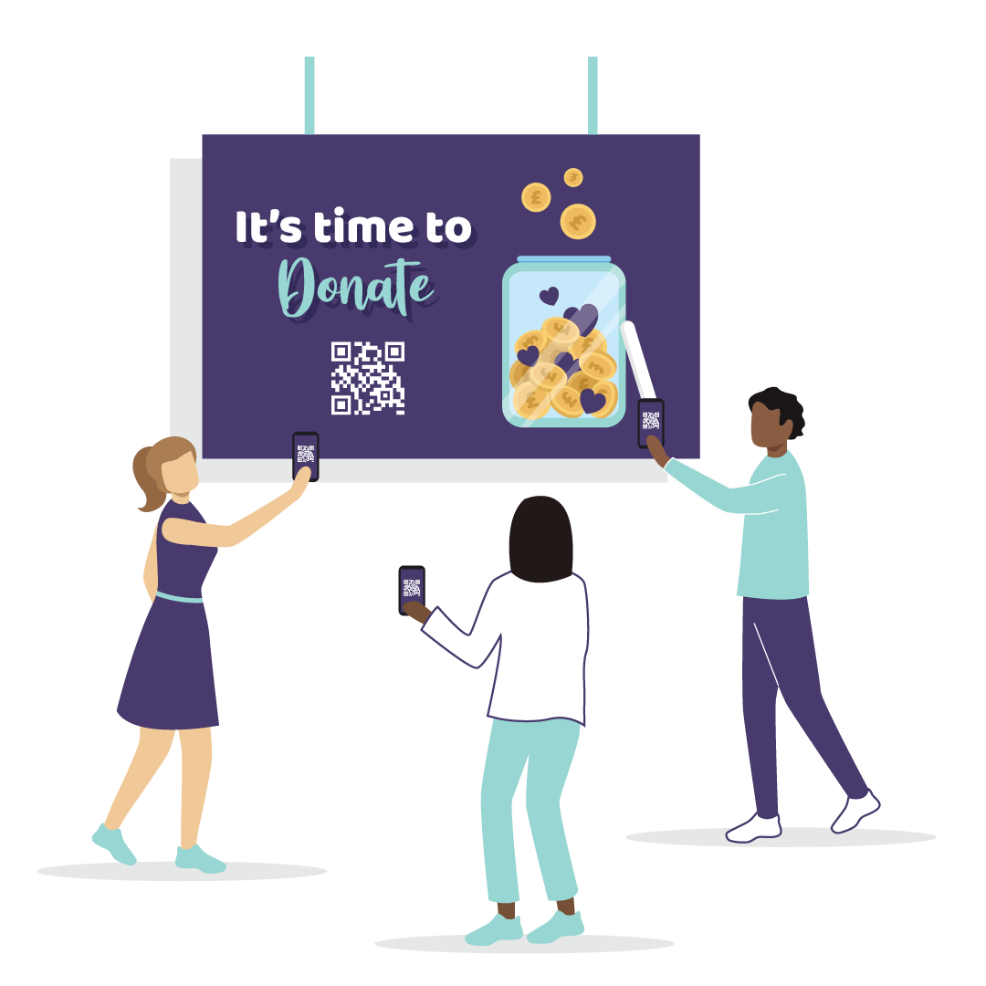 An illustration showing people scanning their phones to make a donation using QR codes.