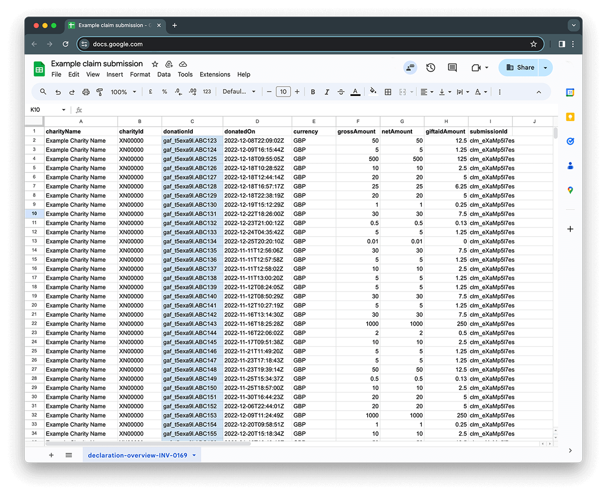 An image of a spreadsheet with two highlighted columns, unique donations ID's and declarations